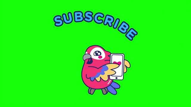 Animated parrot holding smartphone with subscribe text, cute cartoon bird social media call to action, green screen chroma key video overlay