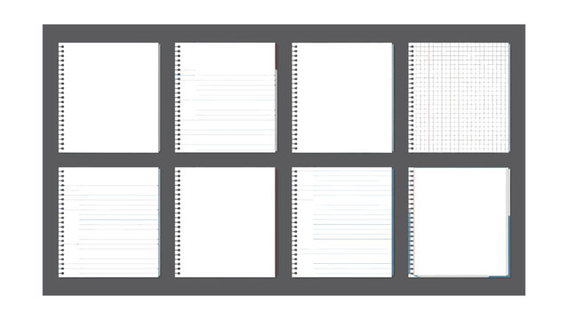 Collection of eight notepads with various ruled and grid page layouts suitable for note taking journaling or sketching activities