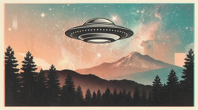 An alien UFO flying in space above a forest and mountain in vintage risograph style.