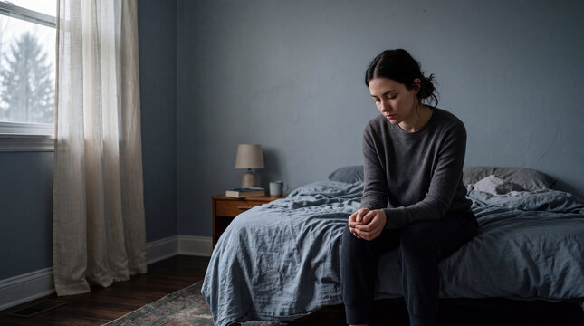 Woman Sitting on Bed in Low Mood