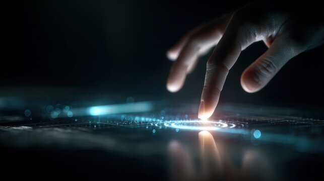 A human finger touching a glowing digital holographic interface screen