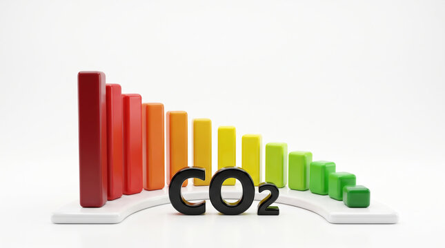Carbon emission chart showing CO2 symbol beside declining colored bar. green renewable energy sustainability. future management responsibility, graph report statistic analysis monitoring