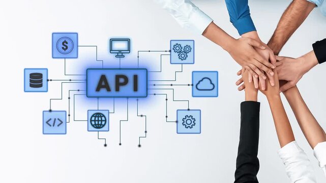 Collaborative Business Team Engaging in API Development with Various Digital Interface Icons and Hands Joined Together Signifying Cooperation and Innovation. Entropy.
