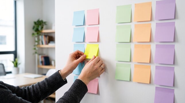 Person organizing colorful sticky notes on white wall for project planning, brainstorming session, and agile workflow management in creative office space.