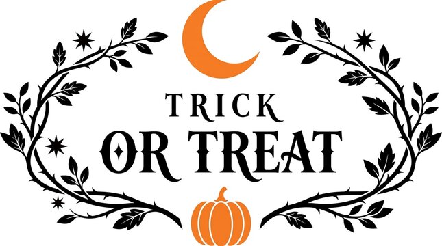 Trick or treat elegant circular wreath design with leafy branches pumpkin and crescent moon.