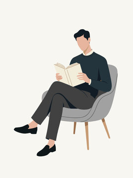 Man Reading Book in Chair Flat Character Mockup Vector