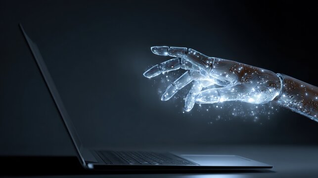 Glowing robotic hand reaching toward a laptop computer screen