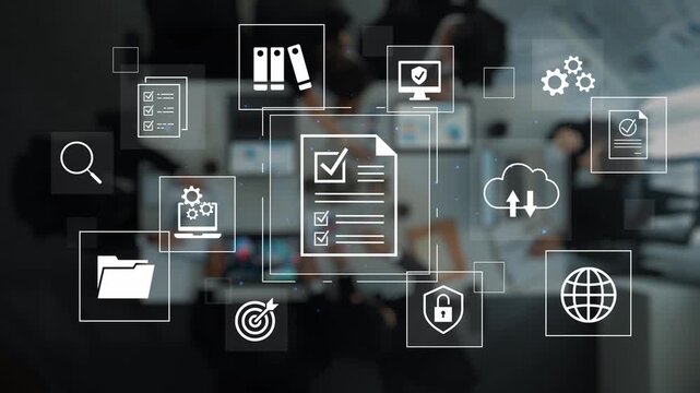 Digital workspace with technology icons representing document management, cloud storage, data security, and team collaboration in a modern office setting. Entropy.