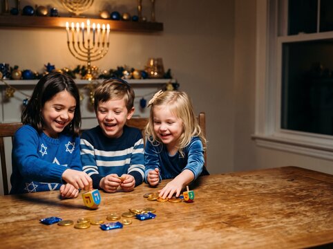 Cute Jewish Children Playing Dreidel Game on Hanukkah
