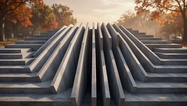 A striking architectural feature showcasing a series of concrete steps with parallel vertical barriers in the center, leading upwards through a park adorned with warm autumn foliage and soft lighting.