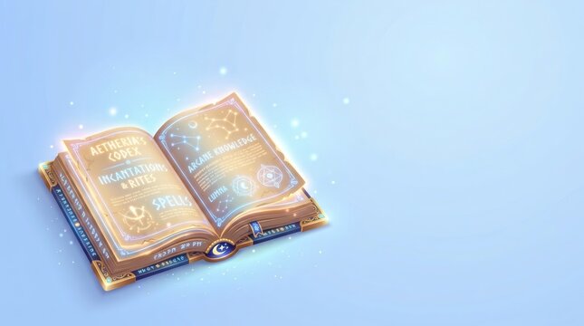 Pastel Blue Backdrop 3D Vector Spellbook Open Glowing Pages Bottom Left Right Clear

