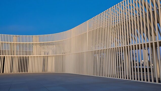 A sweeping curved white slatted wall showcases a minimalist and modern architectural design under a bright, clear blue sky during the day.