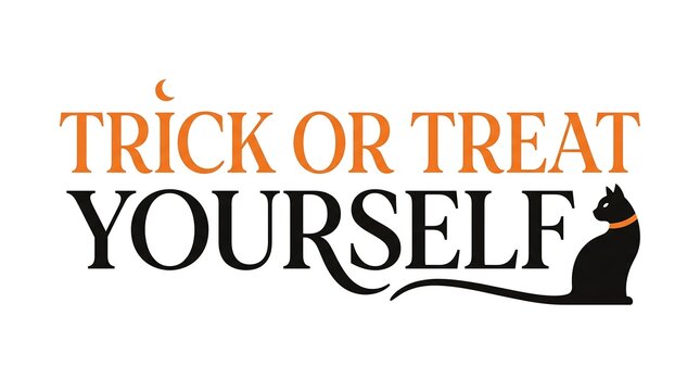 Trick or treat yourself halloween lettering with black cat silhouette and orange moon accent.