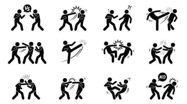 Fighting stick figure icons demonstrating combat moves, punches, and kicks in black vector silhouette graphic style