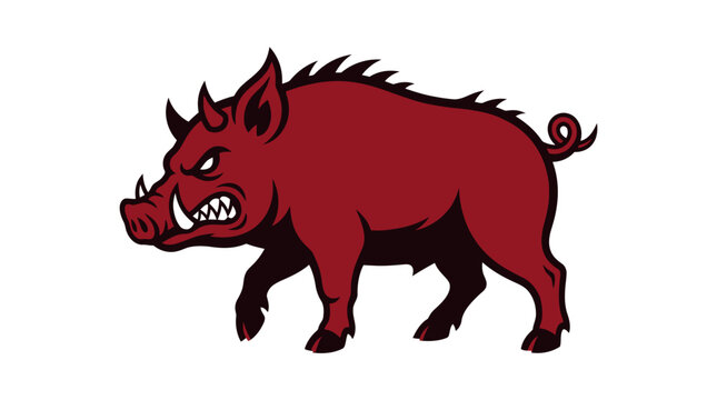 Stylized red wild boar mascot illustration with sharp tusks and aggressive expression. Side profile vector graphic of a walking hog featuring a maroon palette and bold black outlines.