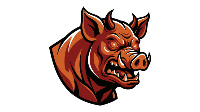 Fierce wild boar mascot logo featuring horns, tusks, and glowing eyes. Snarling red hog head vector illustration isolated on white background for sports team branding.