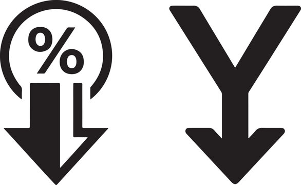 Black financial percent down arrow and convergence arrow vector icons set representing percentage decrease and low rates.