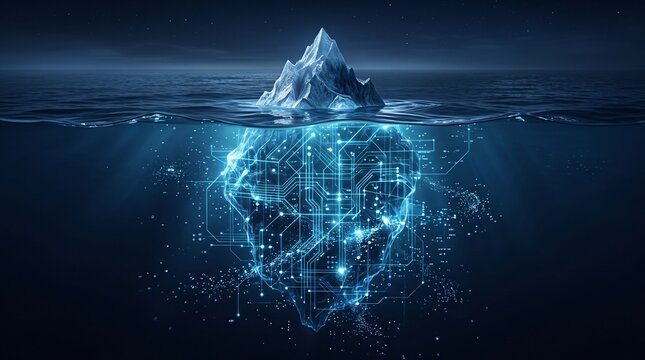Digital iceberg floating in dark ocean showing hidden circuit data