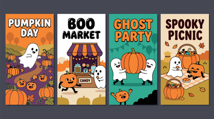 Fototapeta premium Set of four cute Halloween banners with ghosts and pumpkins for autumn holiday social media marketing templates