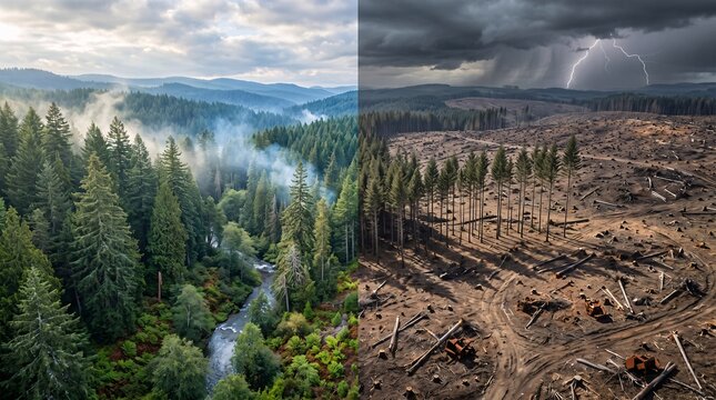 Lush green forest and deforested land comparison