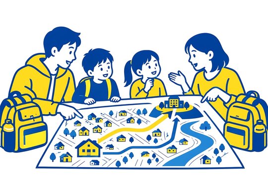 災害時の避難経路や避難場所について地図を見ながら話し合う家族の防災イラスト｜家族、親子、災害、防災、避難経路、地図、避難場所、住宅、リュック