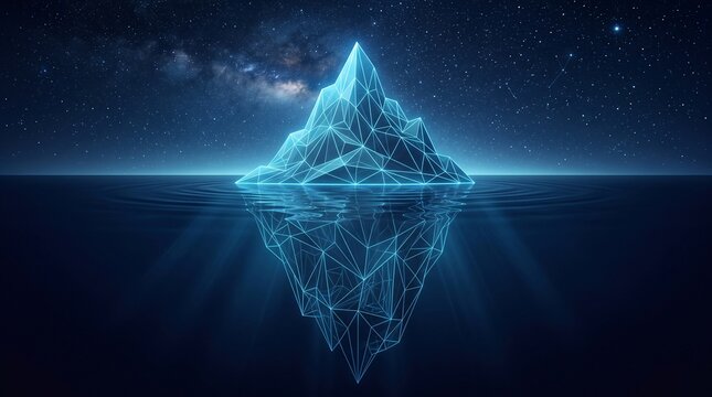 Glowing digital wireframe iceberg floating in dark ocean water
