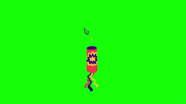 Animated party popper with colorful confetti, festive celebration cracker on green screen, flat vector holiday element