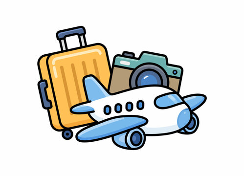Holiday Trip Doodle Icon &ndash; Airplane, Suitcase and Camera Isolated on White Background.