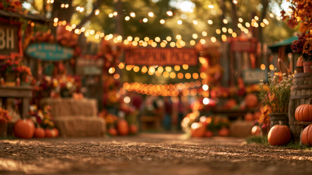 Warm autumn harvest market walkway with pumpkins, hay bales, flower displays and golden bokeh lights for fall festival promotion and seasonal advertising
