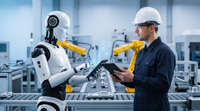 Human engineer and advanced humanoid robot collaborating on a digital tablet in a modern automated factory for smart manufacturing and industry 4.0.