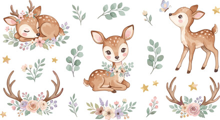 Fototapeta premium Cute Woodland Fawn Character Set Featuring Adorable Sleeping and Sitting Deer Antlers Floral Bouquets Butterflies Leaves and Pastel Watercolor Illustrations