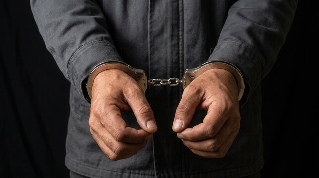 Close Up Of Hands Restrained By Metal Handcuffs On Dark Background