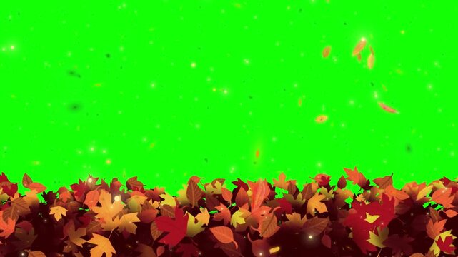 Autumn leaves accumulate on the ground against a green screen with drifting foliage.
