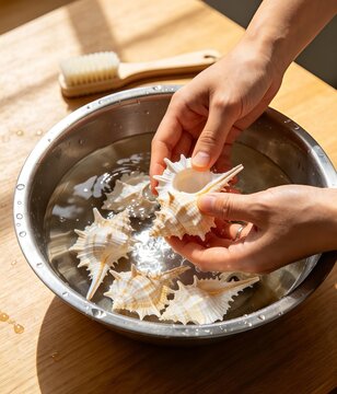 Hands cleaning natural seashells in a bowl during a coastal craft material preparation activity.