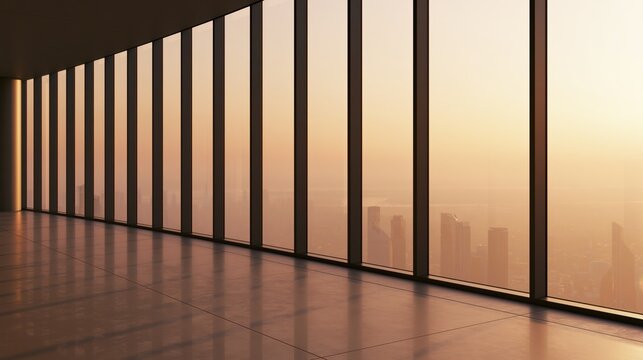 Modern Office Interior with Panoramic City Skyline View Through Large Windows at Sunset