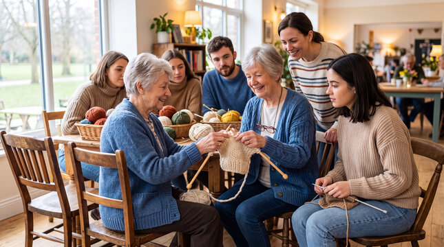 Elderly woman teaching knitting in a workshop