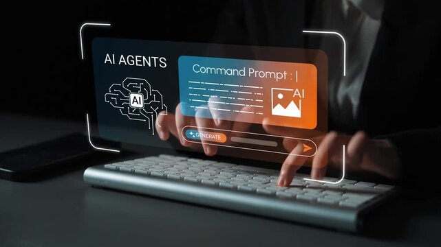 Futuristic digital interface showcasing AI agents and command prompt with hands typing on modern keyboard in dimly lit workspace environment Gluon.