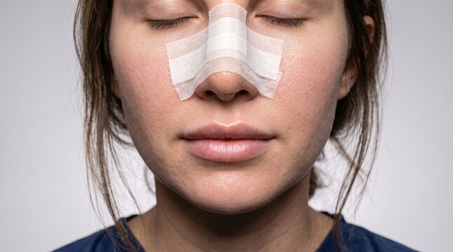 Woman with medical bandage on nose after rhinoplasty surgery