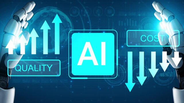 Futuristic Robotic Hands Displaying Data Trends for Quality and Cost in Artificial Intelligence Applications in Modern Industry and Technology Gluon.