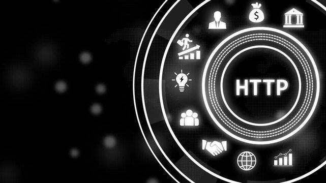 Advanced http protocol digital interface featuring glowing business and futuristic network connectivity symbols for modern corporate technology presentations, data security, and global web