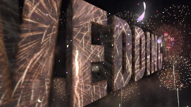 花びらが舞い散る花火背景と鏡面反射するHAPPY WEDDINGの3D文字