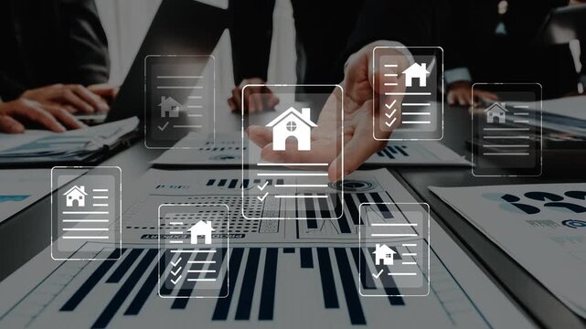 Digital representation of real estate concepts with analytics, house icons, and business professionals examining data charts and reports in a modern office setting Gluon.