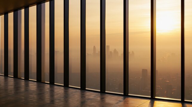 Modern Office Interior with Panoramic City Skyline View Through Large Windows at Sunset