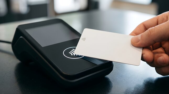 Person making a contactless payment with a white card at a terminal