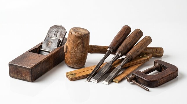 Vintage carpentry tools including a wooden plane mallet chisels and a folding ruler resting on a clean white surface capturing authentic professional craftsmanship and design