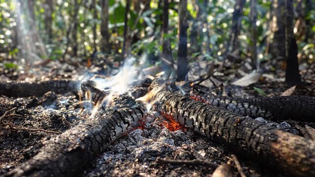 Smoldering forest fire with smoke rising from peatland ground and burnt logs, a close-up view of environmental damage