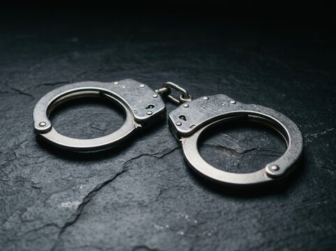 Close Up Metal Handcuffs Resting On Dark Textured Surface