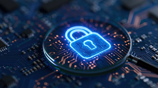 Security and cybersecurity digital padlock symbol hovering over a computer circuit board for data protection tech