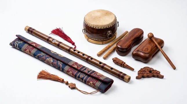 Traditional chinese musical instruments including bamboo flute with decorative case and wooden percussion set arranged neatly on a clean white studio background for cultural artistic display