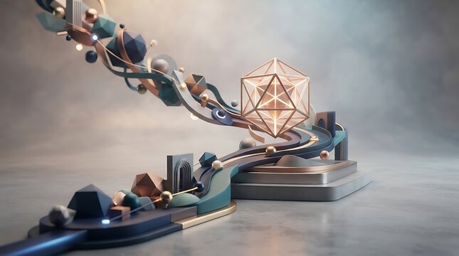 Estrategia de marca conceptual 3D presentation with geometric shapes and glowing structures for brand identity